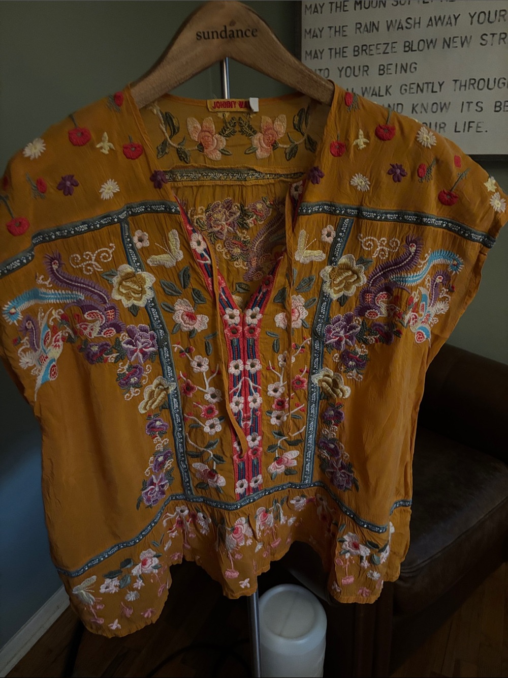 SundancexJohnny Was Orange Embroidered Floral Peasant Blouse